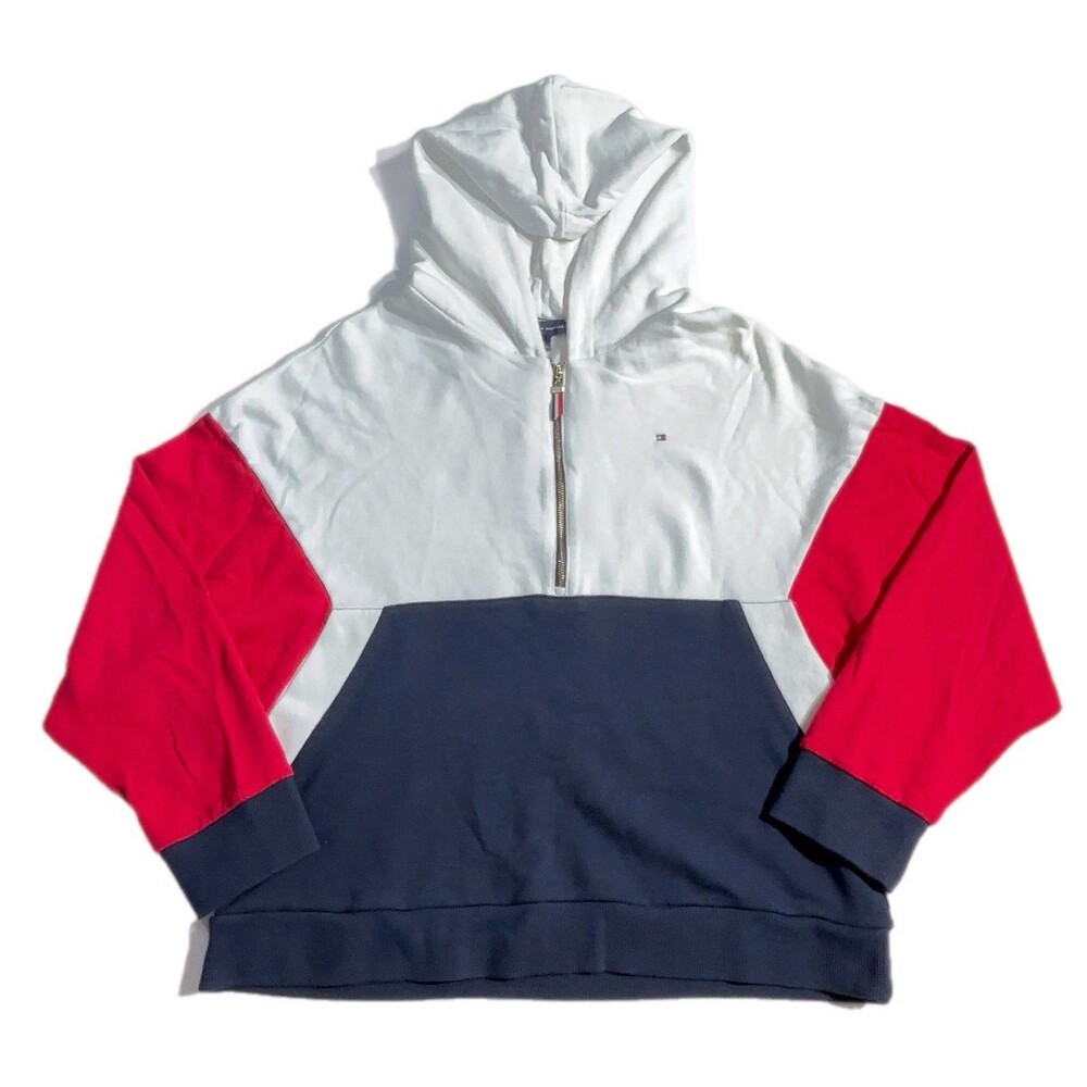 Tommy Hilfiger Women's Sweatshirt 1/4 Zip Hoodie White Red Blue Size Large